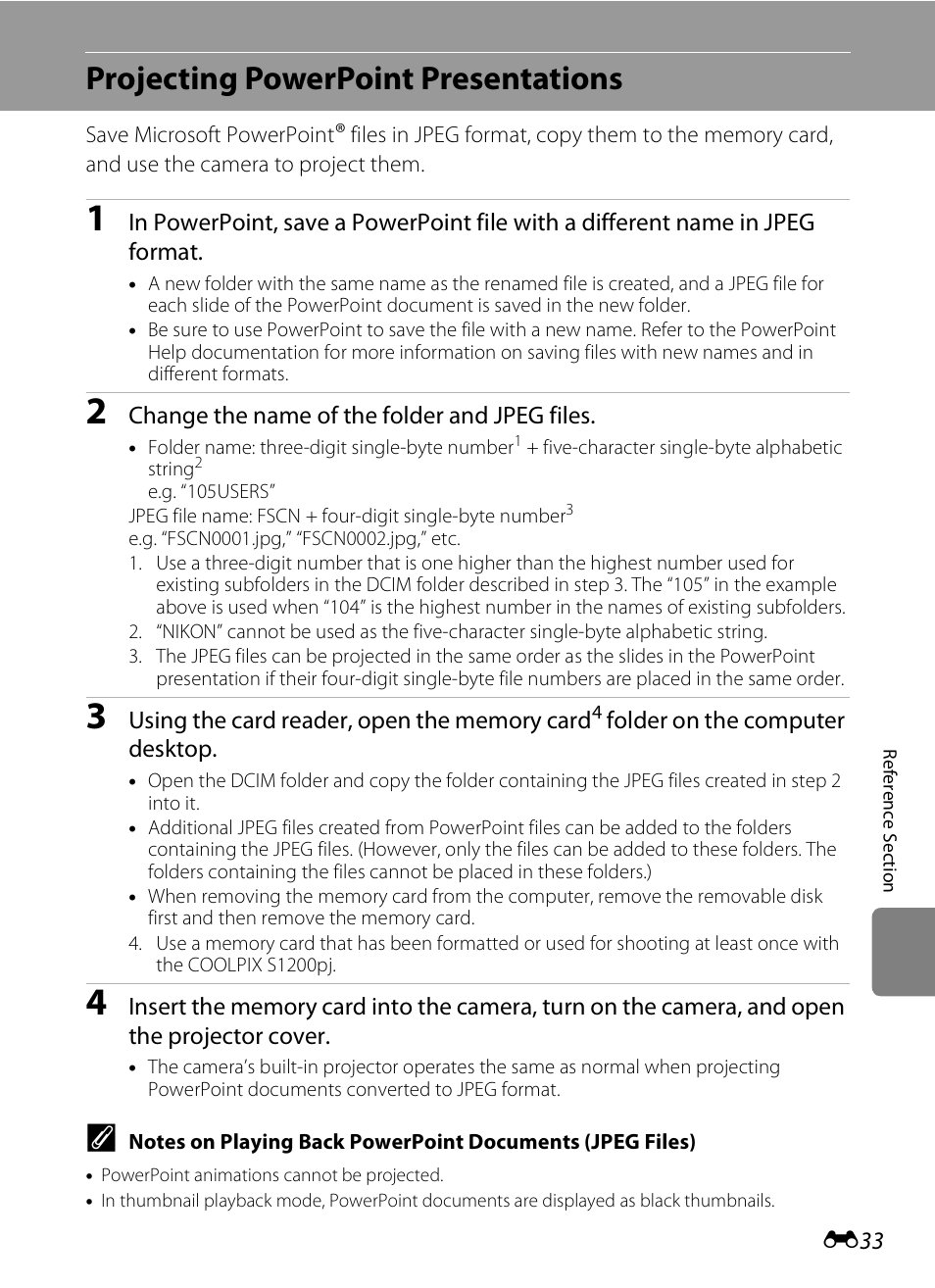 Projecting powerpoint presentations, E 33 | Nikon S1200PJ User Manual | Page 151 / 228