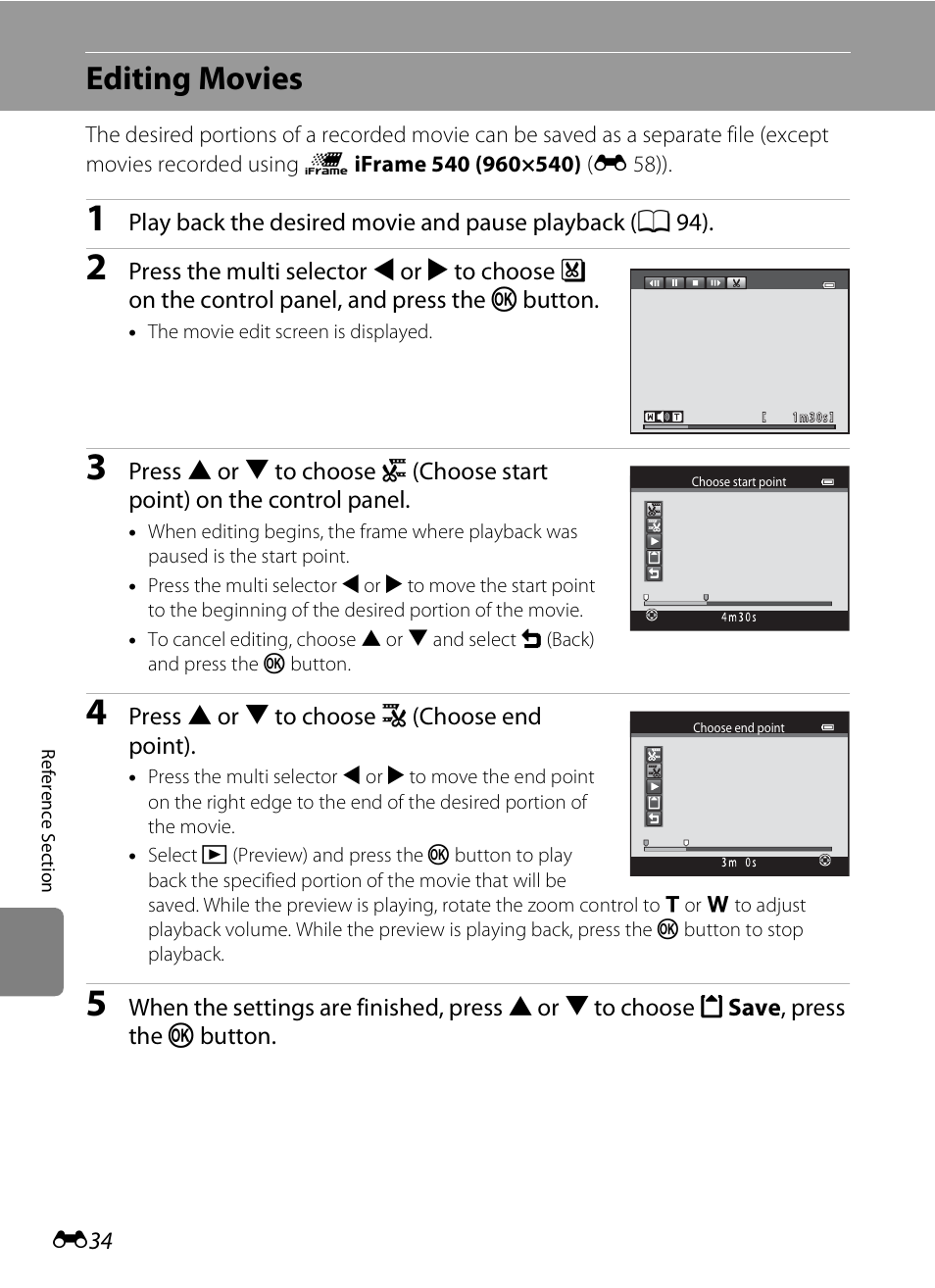 Editing movies, E 34 | Nikon S1200PJ User Manual | Page 152 / 228