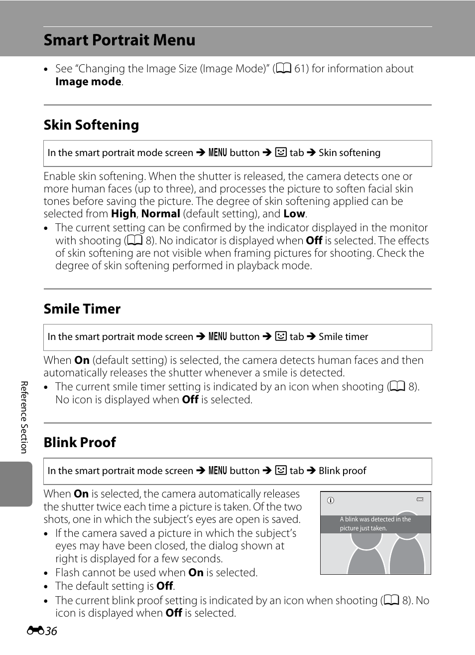 Smart portrait menu, Skin softening, Smile timer | Blink proof, E 36, E 36) in, Nction, E 36) | Nikon S1200PJ User Manual | Page 154 / 228