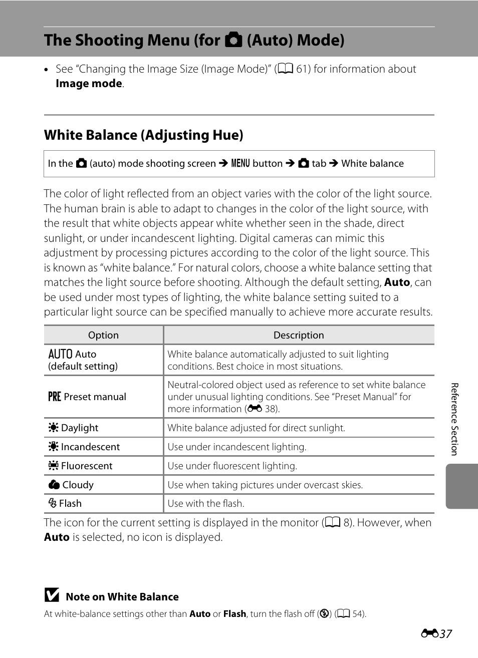 The shooting menu (for auto mode), White balance (adjusting hue), The shooting menu (for a (auto) mode) | E 37 | Nikon S1200PJ User Manual | Page 155 / 228