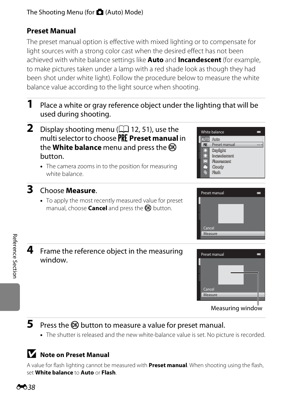 E 38), Preset manual, Choose measure | Frame the reference object in the measuring window | Nikon S1200PJ User Manual | Page 156 / 228