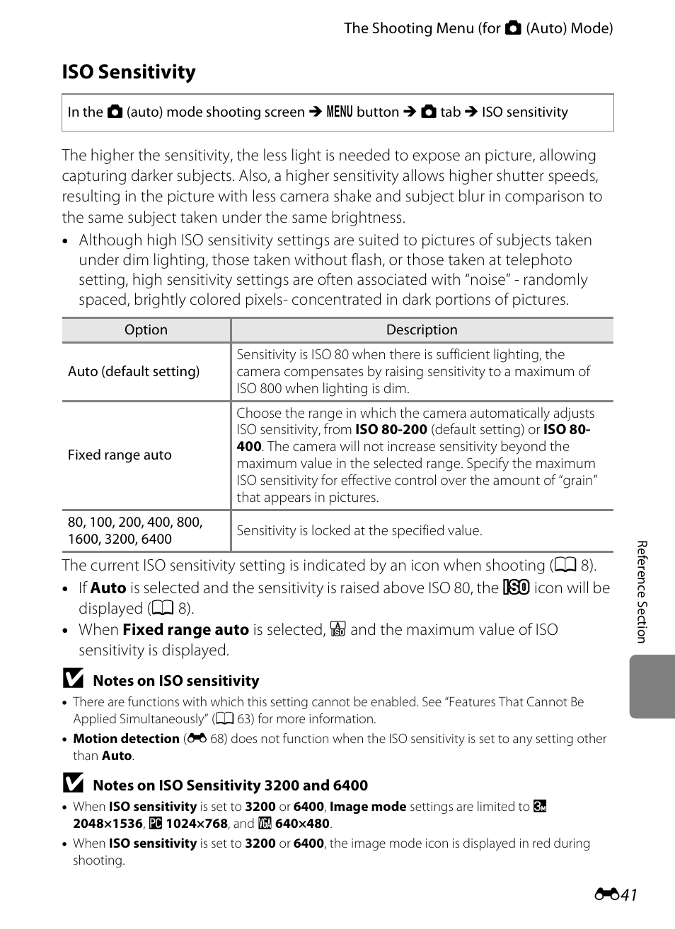 Iso sensitivity, E 41 | Nikon S1200PJ User Manual | Page 159 / 228