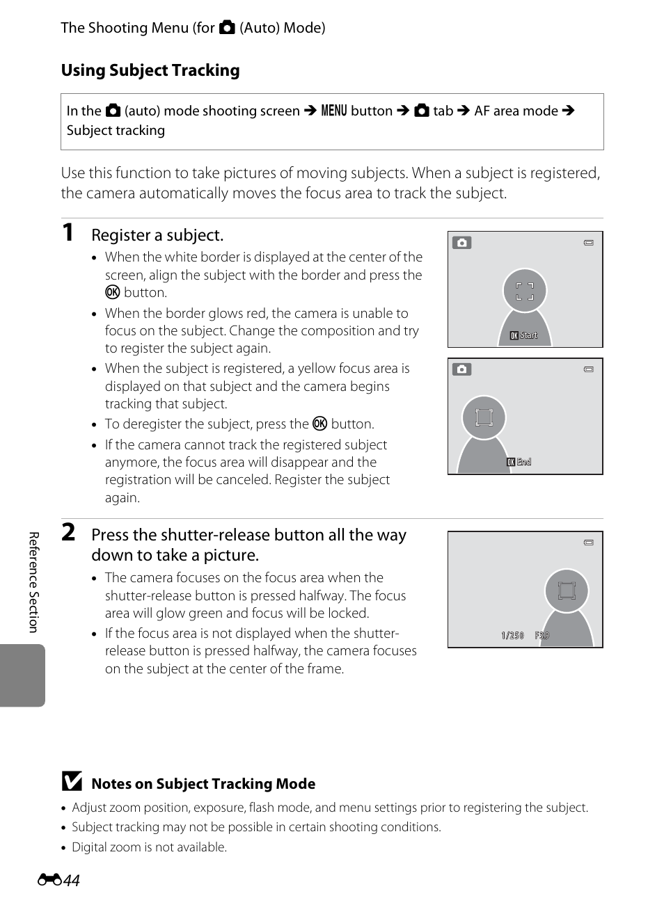 E “using subject tracking, E 44) fo, Using subject tracking | Register a subject | Nikon S1200PJ User Manual | Page 162 / 228