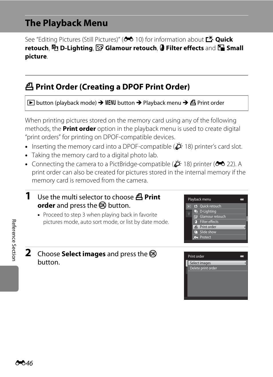 The playback menu, Print order (creating a dpof print order), A print order (creating a dpof print order) | E 46, E 46) | Nikon S1200PJ User Manual | Page 164 / 228