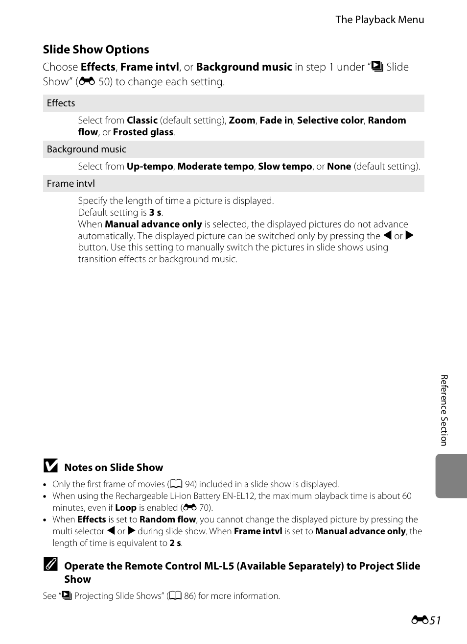 E 51, See “slide show options” (e 51), Slide show options | Nikon S1200PJ User Manual | Page 169 / 228