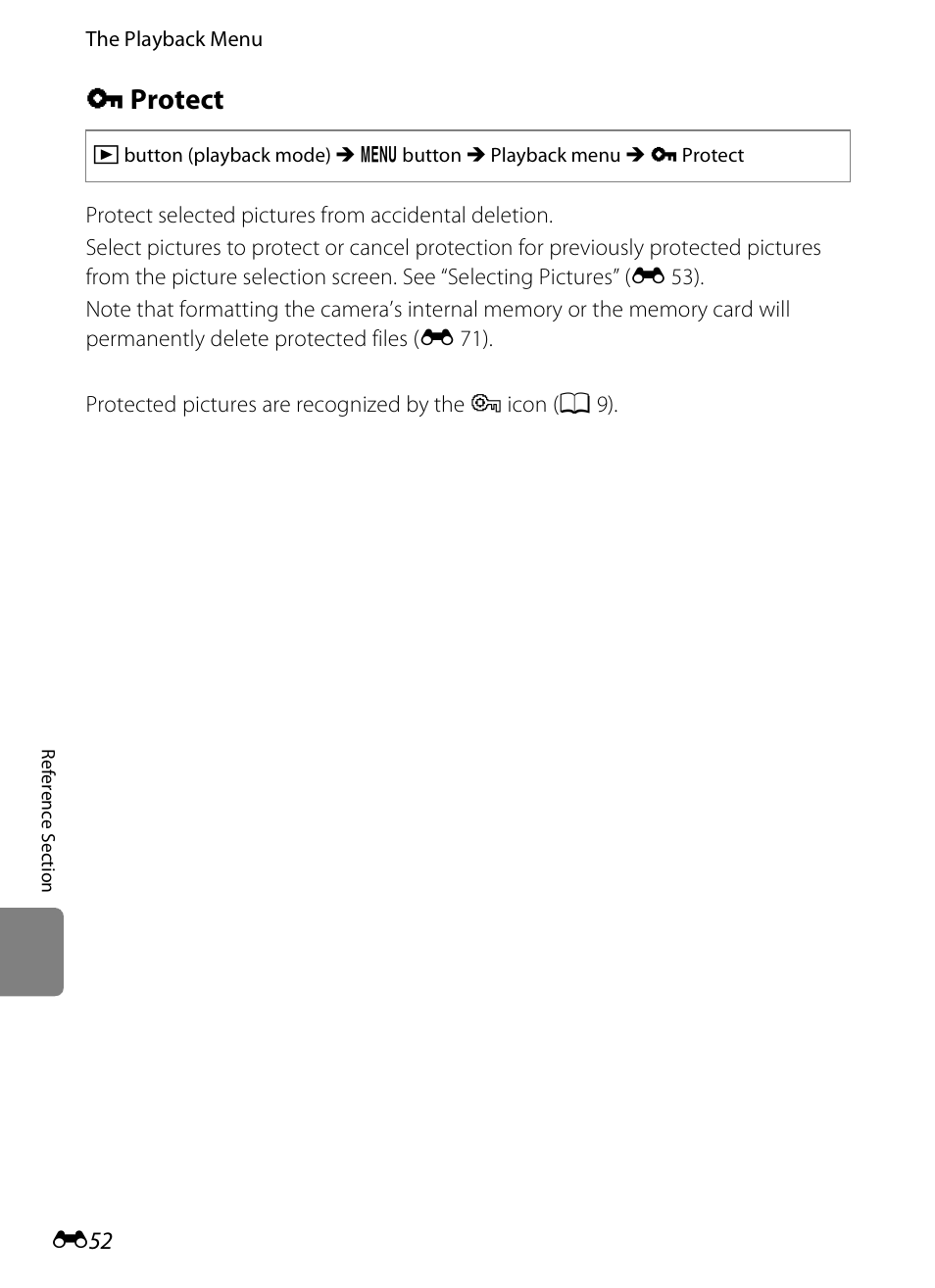 Protect, D protect, E 52 | Nikon S1200PJ User Manual | Page 170 / 228