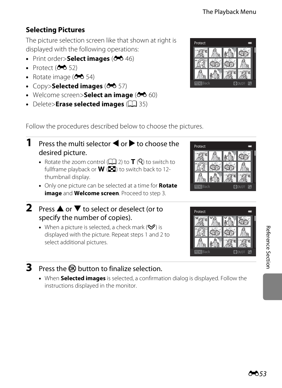 Ee “selecting pictures, E 53) | Nikon S1200PJ User Manual | Page 171 / 228