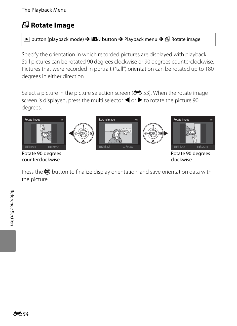 Rotate image, F rotate image, E 54 | E 54) | Nikon S1200PJ User Manual | Page 172 / 228