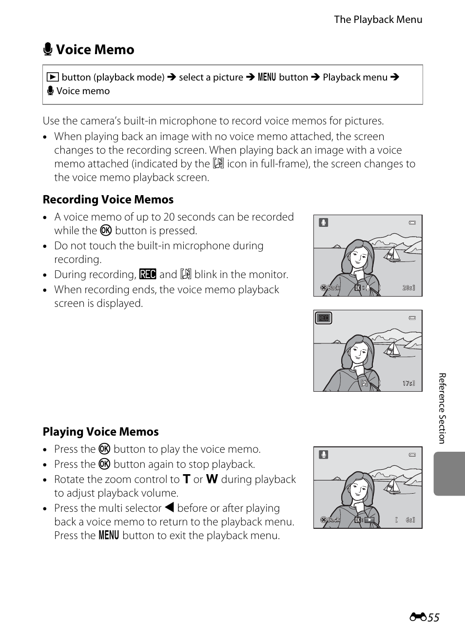 Voice memo, E 55 | Nikon S1200PJ User Manual | Page 173 / 228