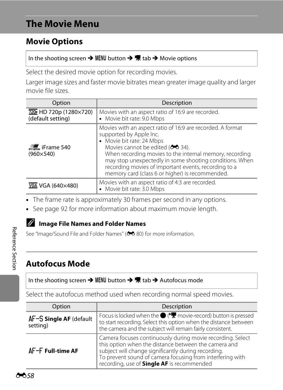 The movie menu, Movie options, Autofocus mode | E 58, E 58) in, E 58) | Nikon S1200PJ User Manual | Page 176 / 228