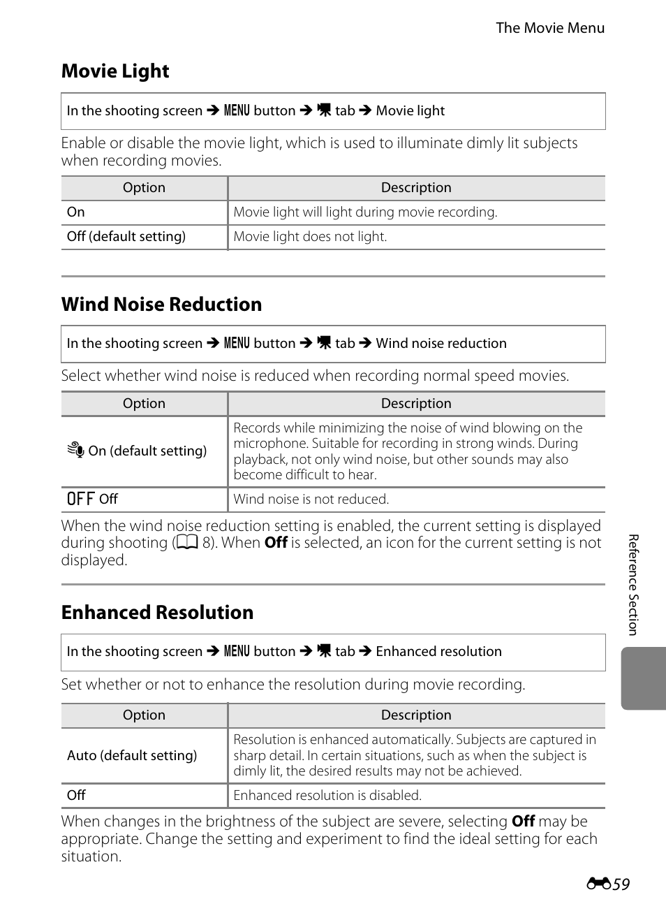 Movie light, Wind noise reduction, Enhanced resolution | E 59 | Nikon S1200PJ User Manual | Page 177 / 228