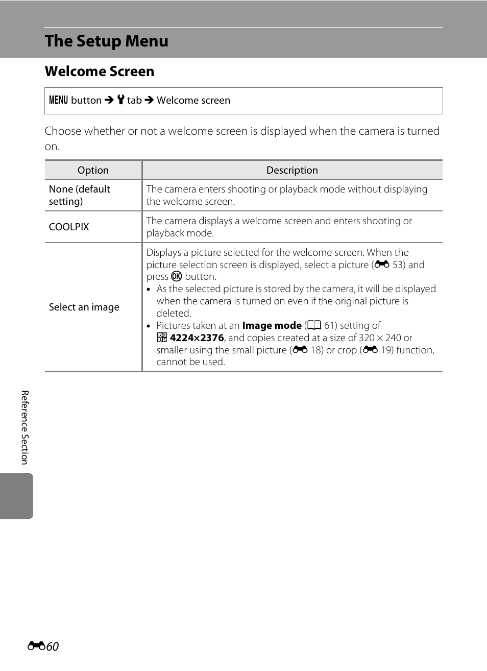 The setup menu, Welcome screen, E 60 | Nikon S1200PJ User Manual | Page 178 / 228