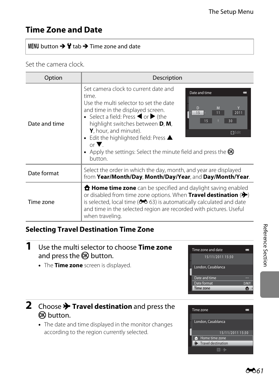 Time zone and date, E 61, Selecting travel destination time zone | Choose x travel destination and press the k button, Set the camera clock | Nikon S1200PJ User Manual | Page 179 / 228