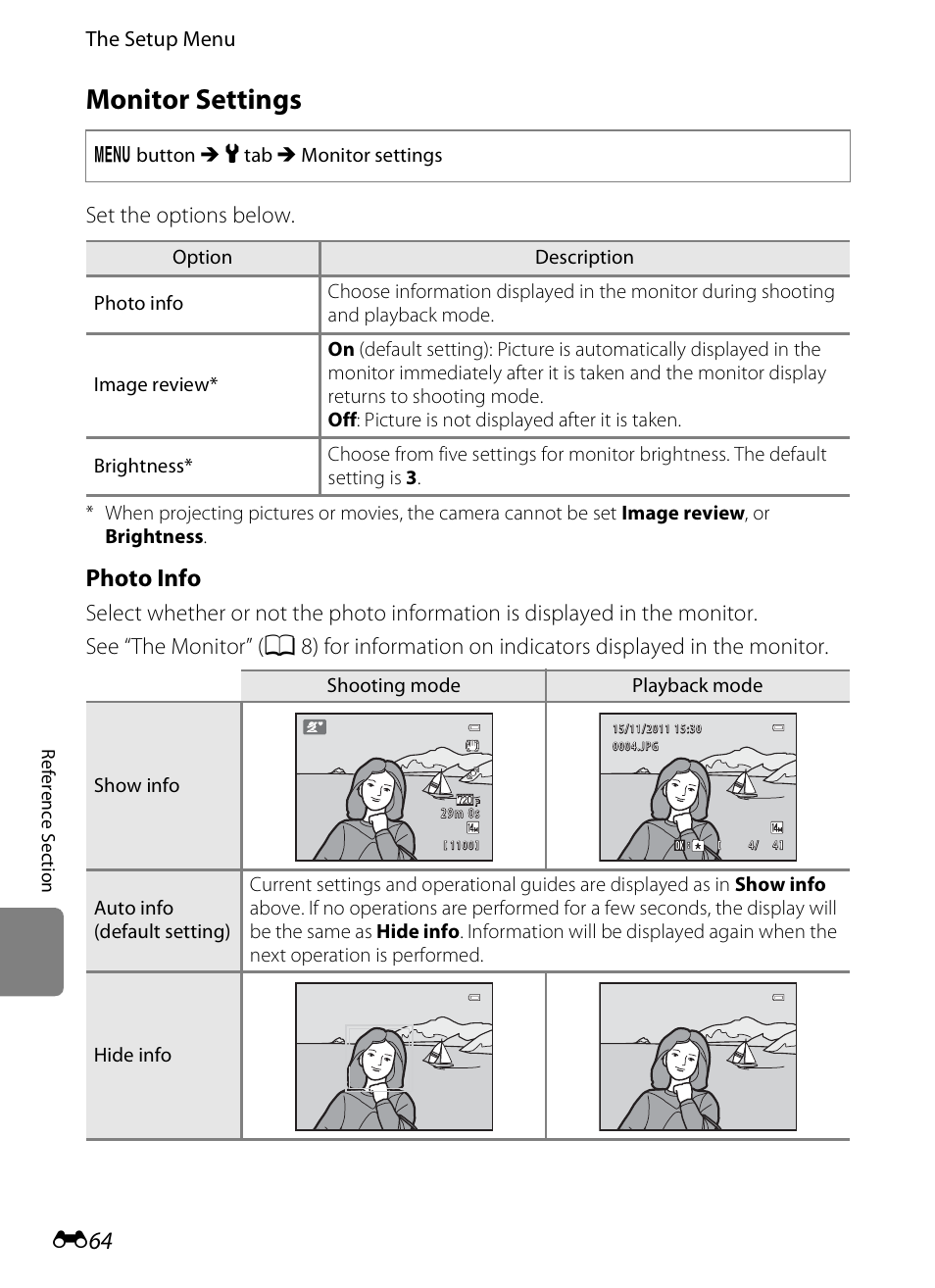 Monitor settings, E 64, Photo info | Set the options below | Nikon S1200PJ User Manual | Page 182 / 228