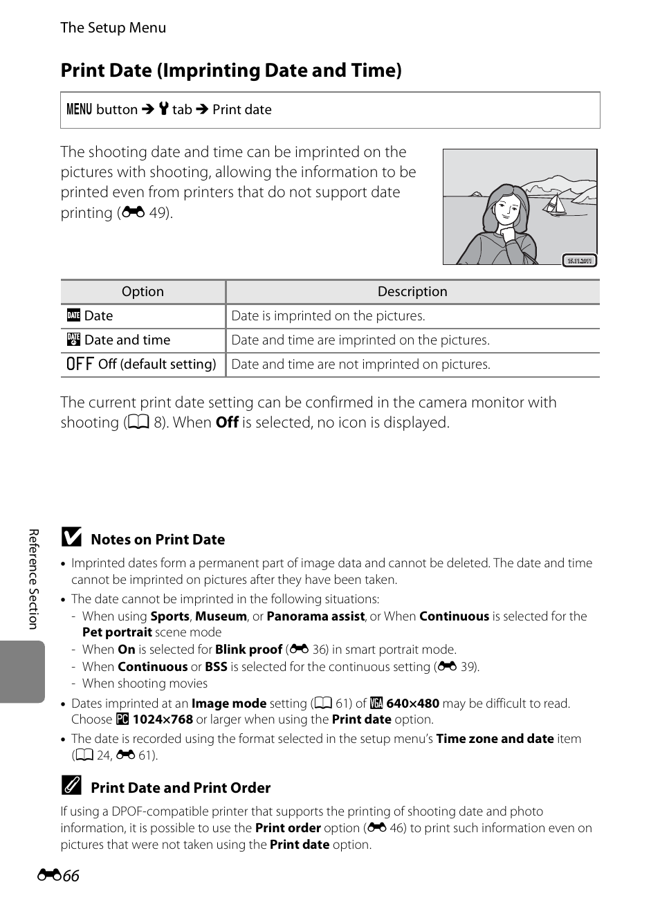 Print date (imprinting date and time), E 66, E 66) | Nikon S1200PJ User Manual | Page 184 / 228