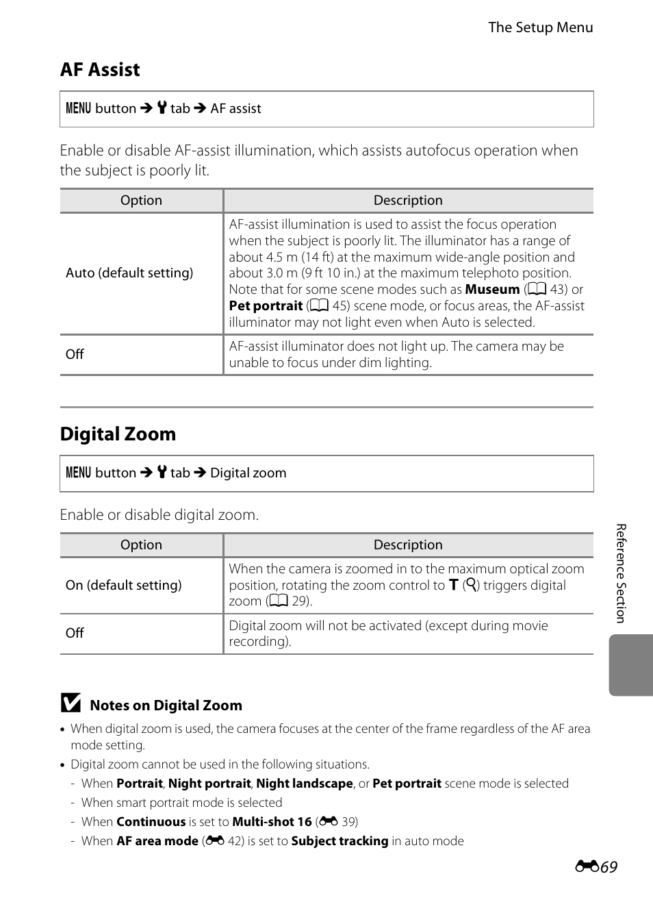 Af assist, Digital zoom, E 69) doe | E 69 | Nikon S1200PJ User Manual | Page 187 / 228