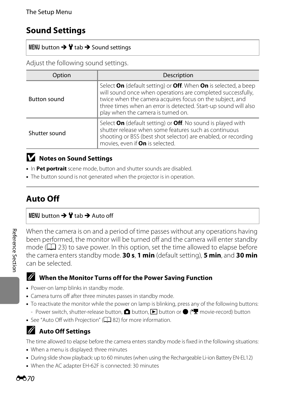 Sound settings, Auto off, E 70) | E 70 | Nikon S1200PJ User Manual | Page 188 / 228