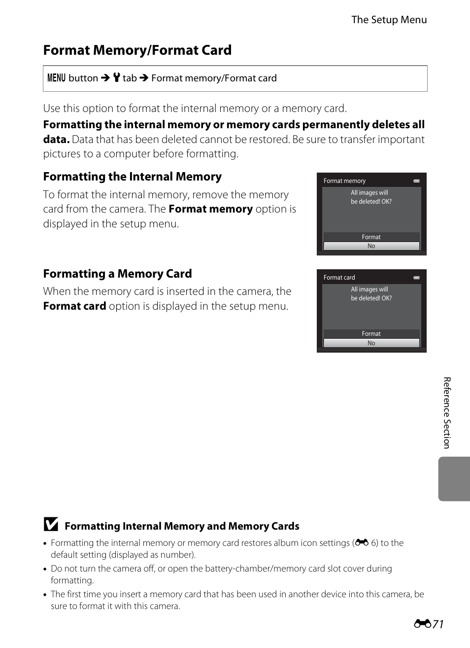 Format memory/format card, E 71, E 71) | Nikon S1200PJ User Manual | Page 189 / 228