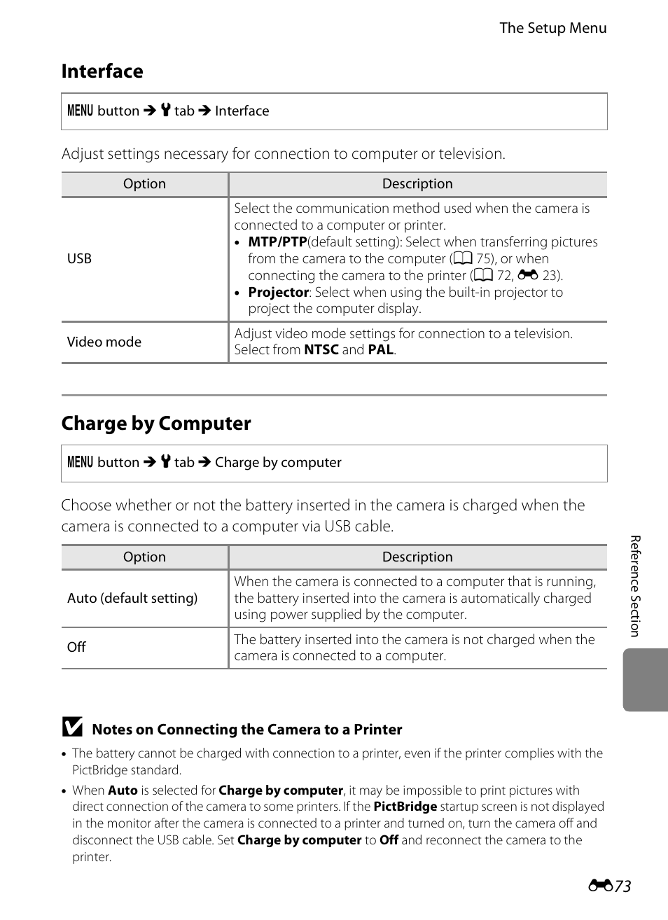 Interface, Charge by computer, E 73) | E 73, E 73) in t, E 73) t | Nikon S1200PJ User Manual | Page 191 / 228