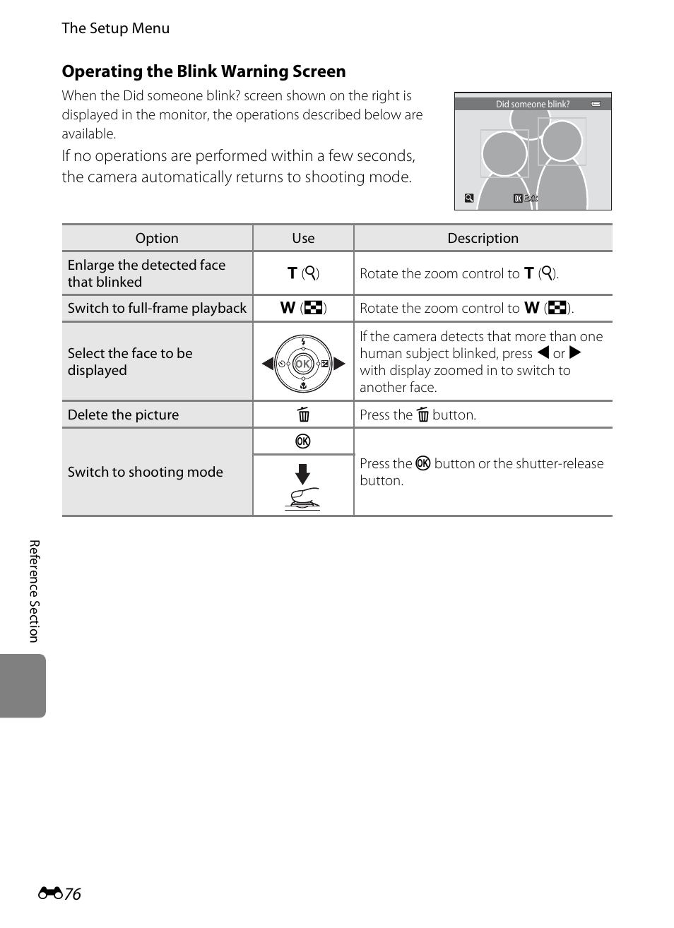 Operating the blink warning screen, E 76) for | Nikon S1200PJ User Manual | Page 194 / 228