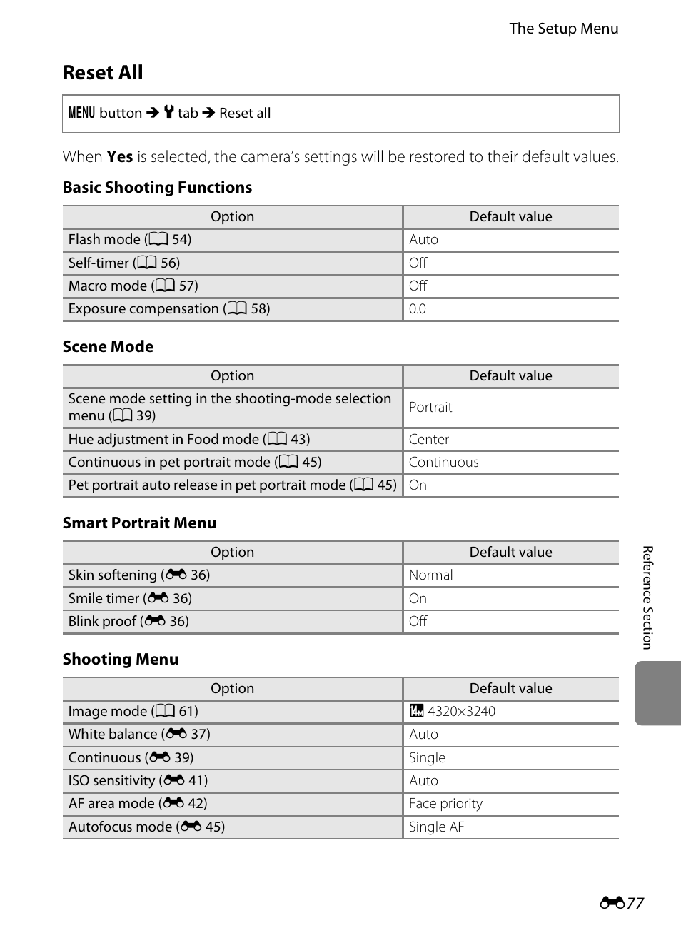 Reset all, E 77 | Nikon S1200PJ User Manual | Page 195 / 228