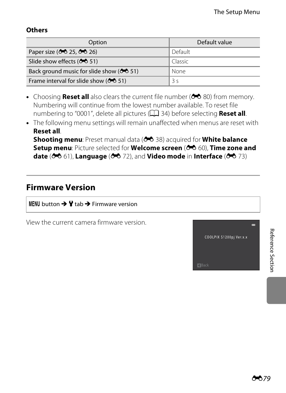 Firmware version, E 79 | Nikon S1200PJ User Manual | Page 197 / 228