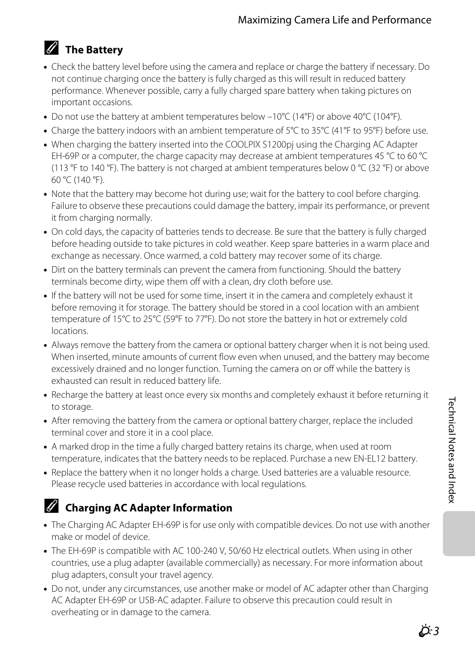 The battery, F 3), befo, Charging ac adapter information | F 3) | Nikon S1200PJ User Manual | Page 207 / 228