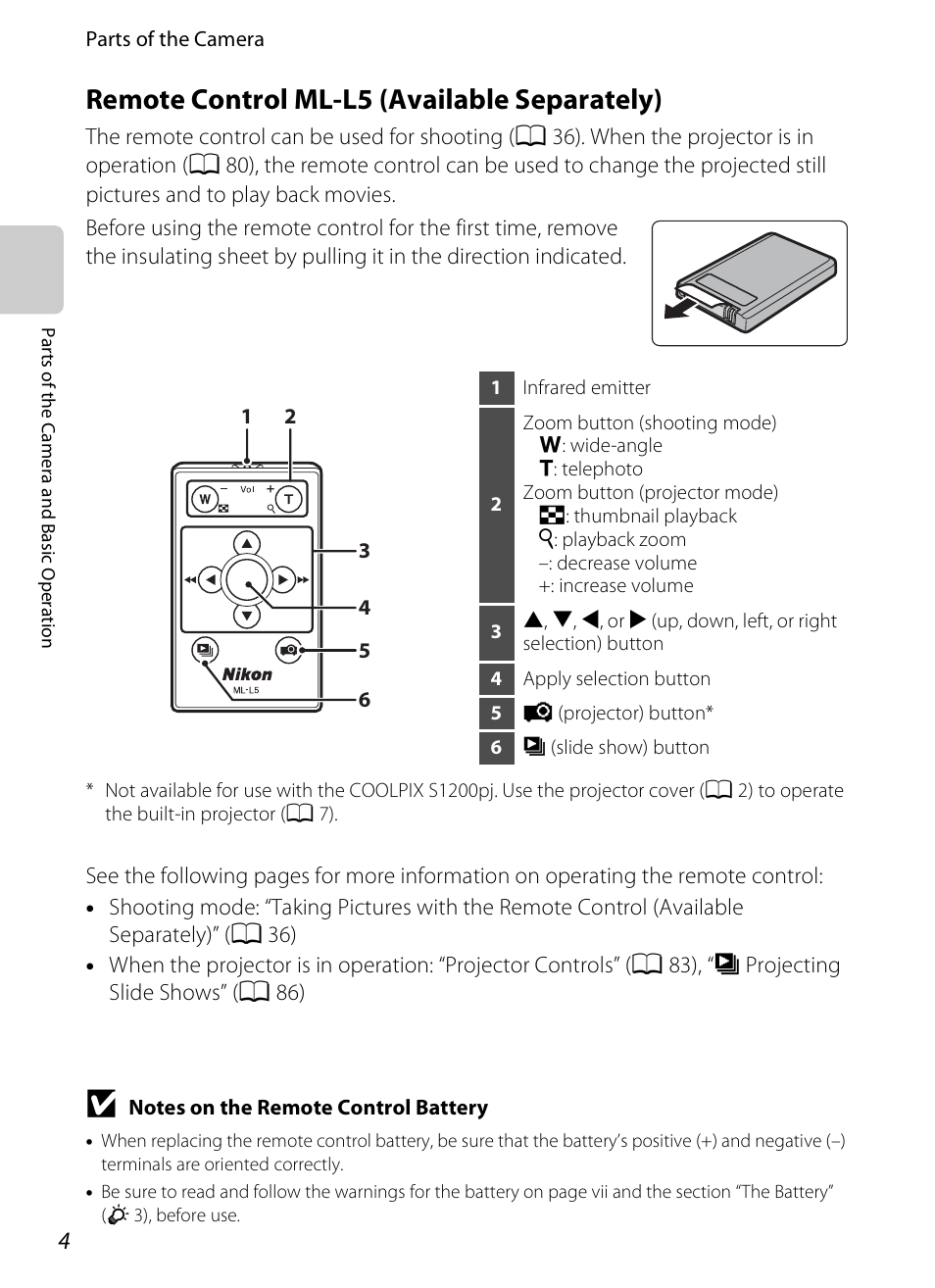 Remote control ml-l5 (available separately) | Nikon S1200PJ User Manual | Page 22 / 228