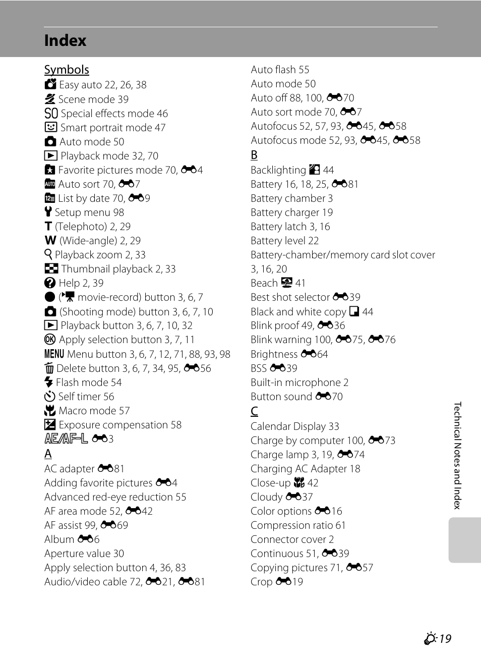 Index, F 19 | Nikon S1200PJ User Manual | Page 223 / 228