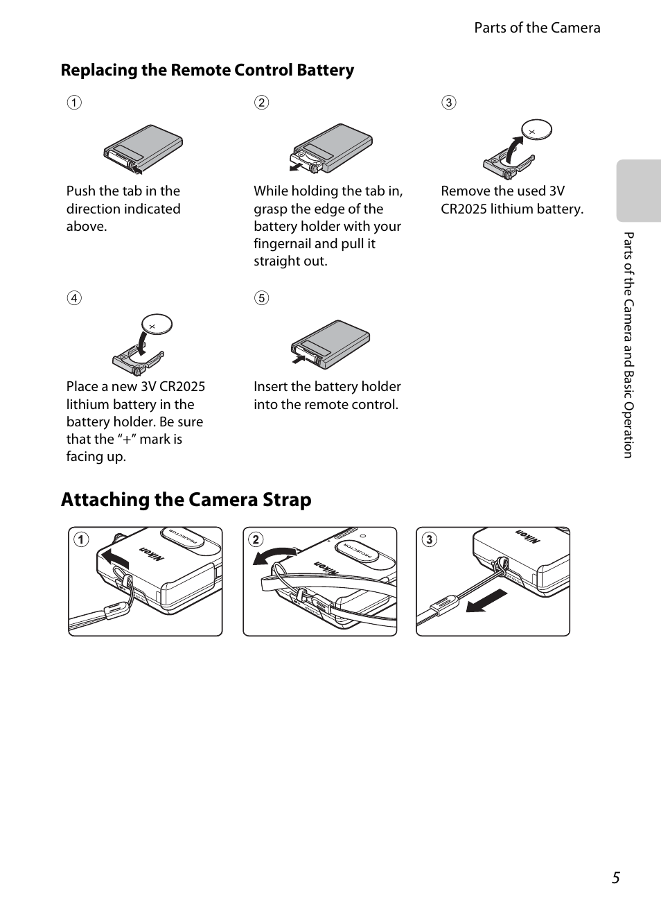 Attaching the camera strap, Replacing the remote control battery | Nikon S1200PJ User Manual | Page 23 / 228