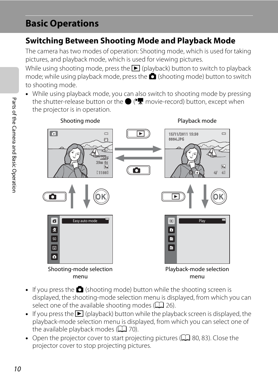 Basic operations, Switching between shooting mode and playback mode | Nikon S1200PJ User Manual | Page 28 / 228