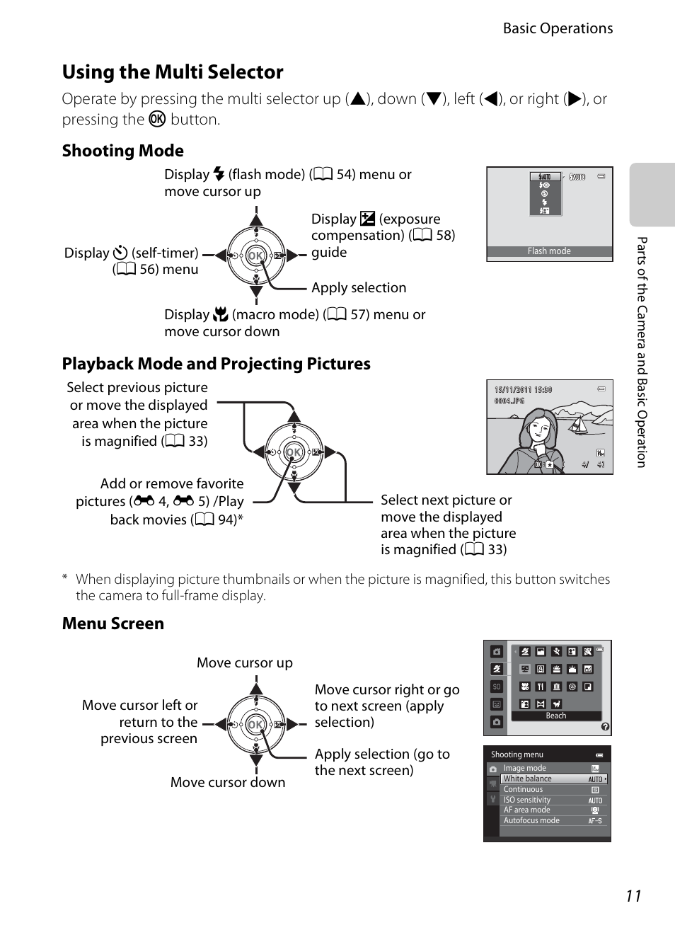 Using the multi selector, Menu screen | Nikon S1200PJ User Manual | Page 29 / 228