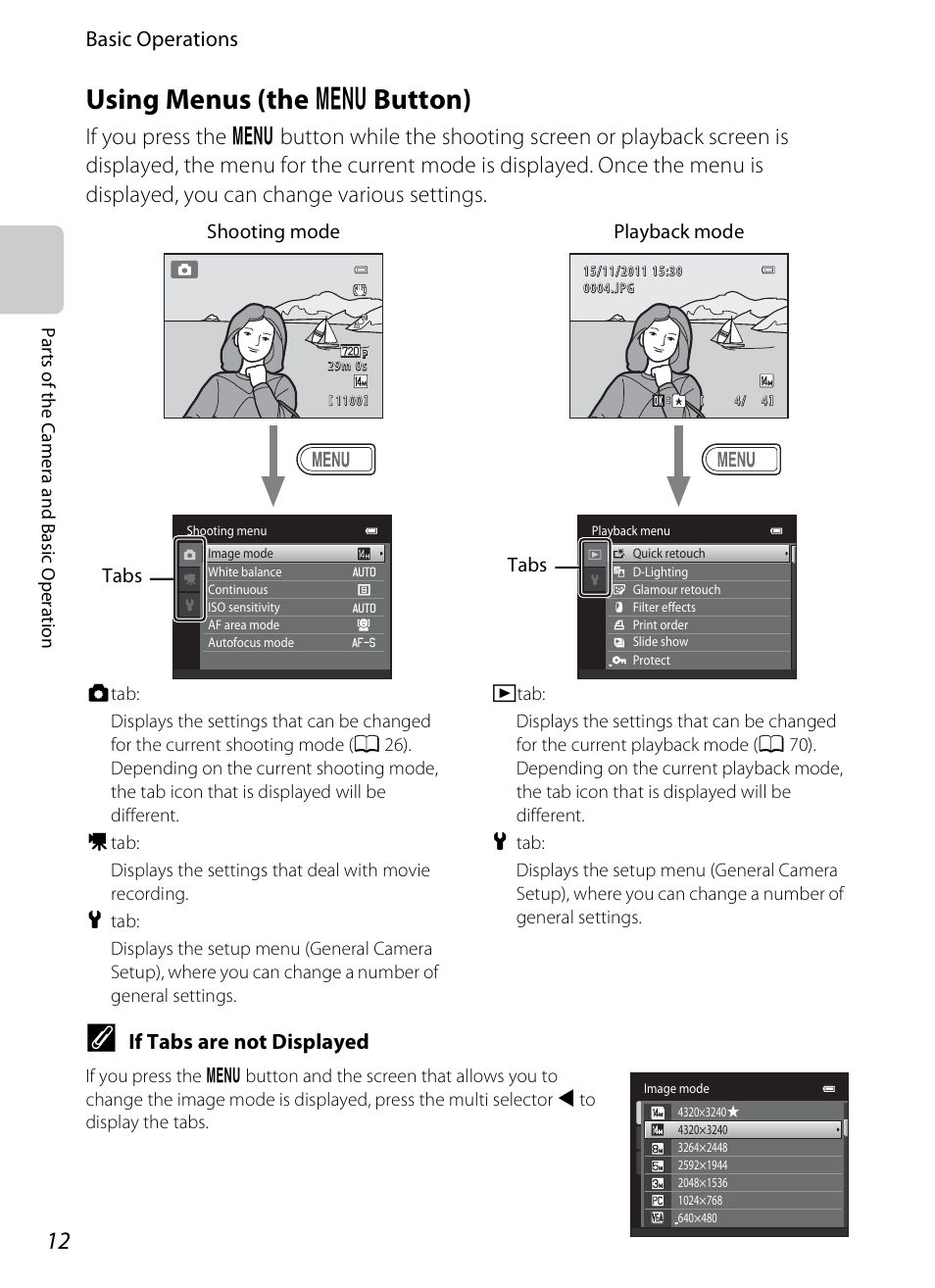 Using menus (the menu button), Using menus (the, D button) | Using menus (the d button), Basic operations, If tabs are not displayed | Nikon S1200PJ User Manual | Page 30 / 228