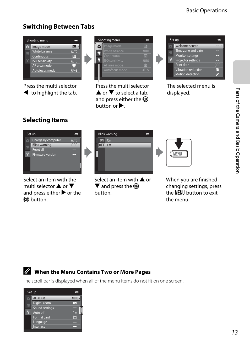 Switching between tabs selecting items, Basic operations, When the menu contains two or more pages | Nikon S1200PJ User Manual | Page 31 / 228