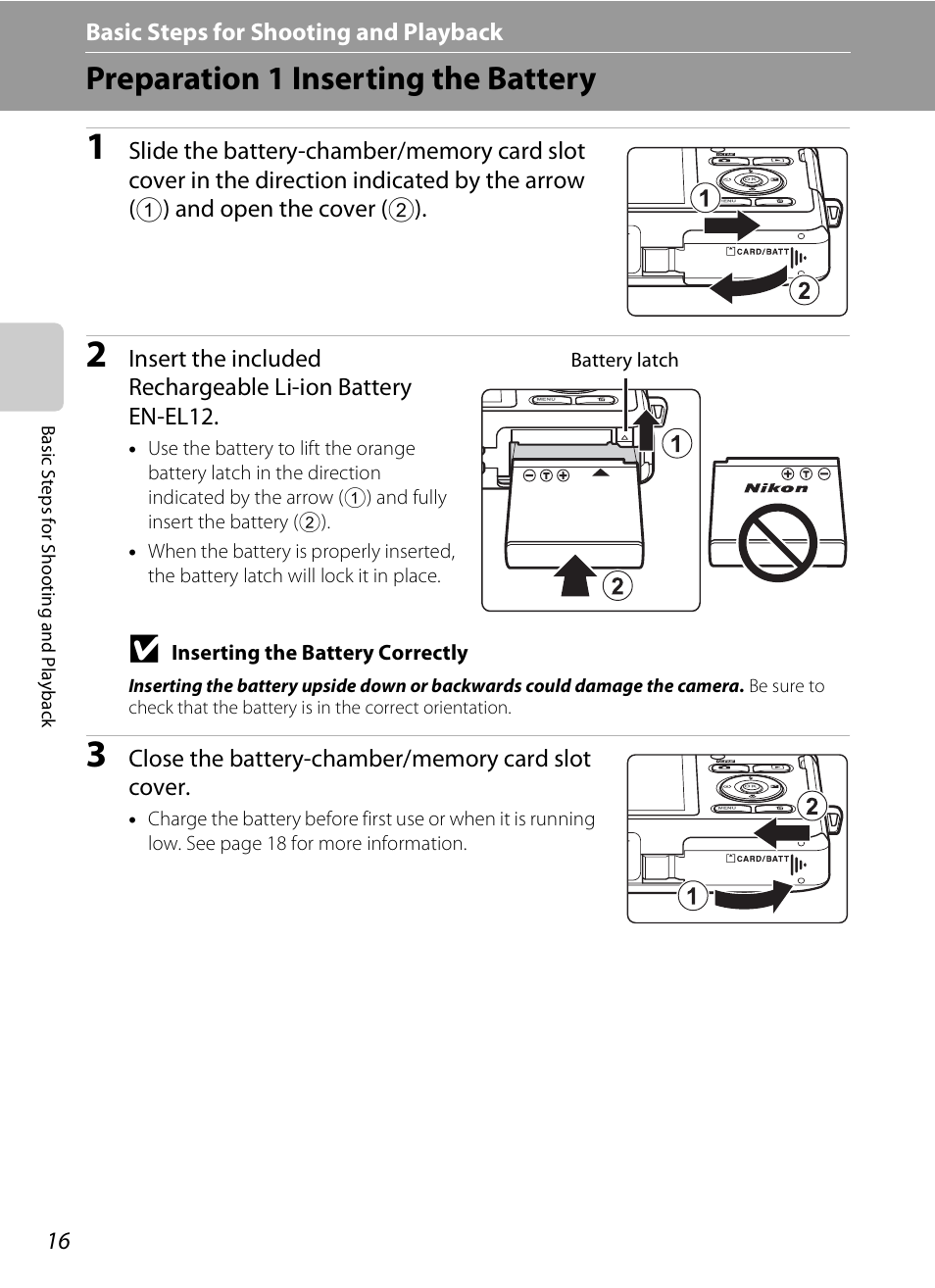 Preparation 1 inserting the battery | Nikon S1200PJ User Manual | Page 34 / 228