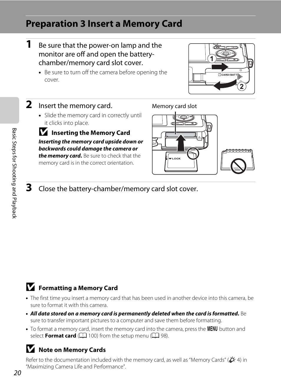 Preparation 3 insert a memory card | Nikon S1200PJ User Manual | Page 38 / 228