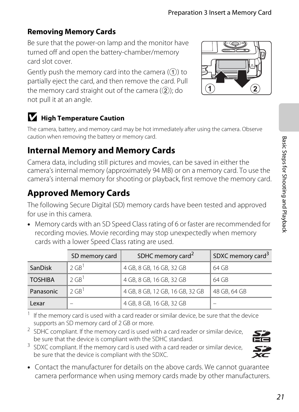 Internal memory and memory cards, Approved memory cards | Nikon S1200PJ User Manual | Page 39 / 228