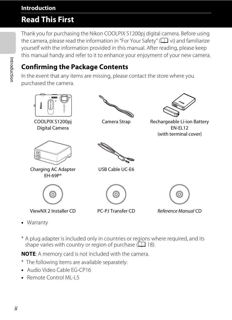 Introduction, Read this first, Confirming the package contents | Nikon S1200PJ User Manual | Page 4 / 228