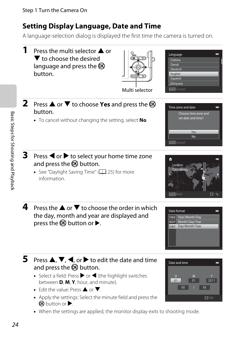 Setting display language, date and time, Press h or i to choose yes and press the k button | Nikon S1200PJ User Manual | Page 42 / 228