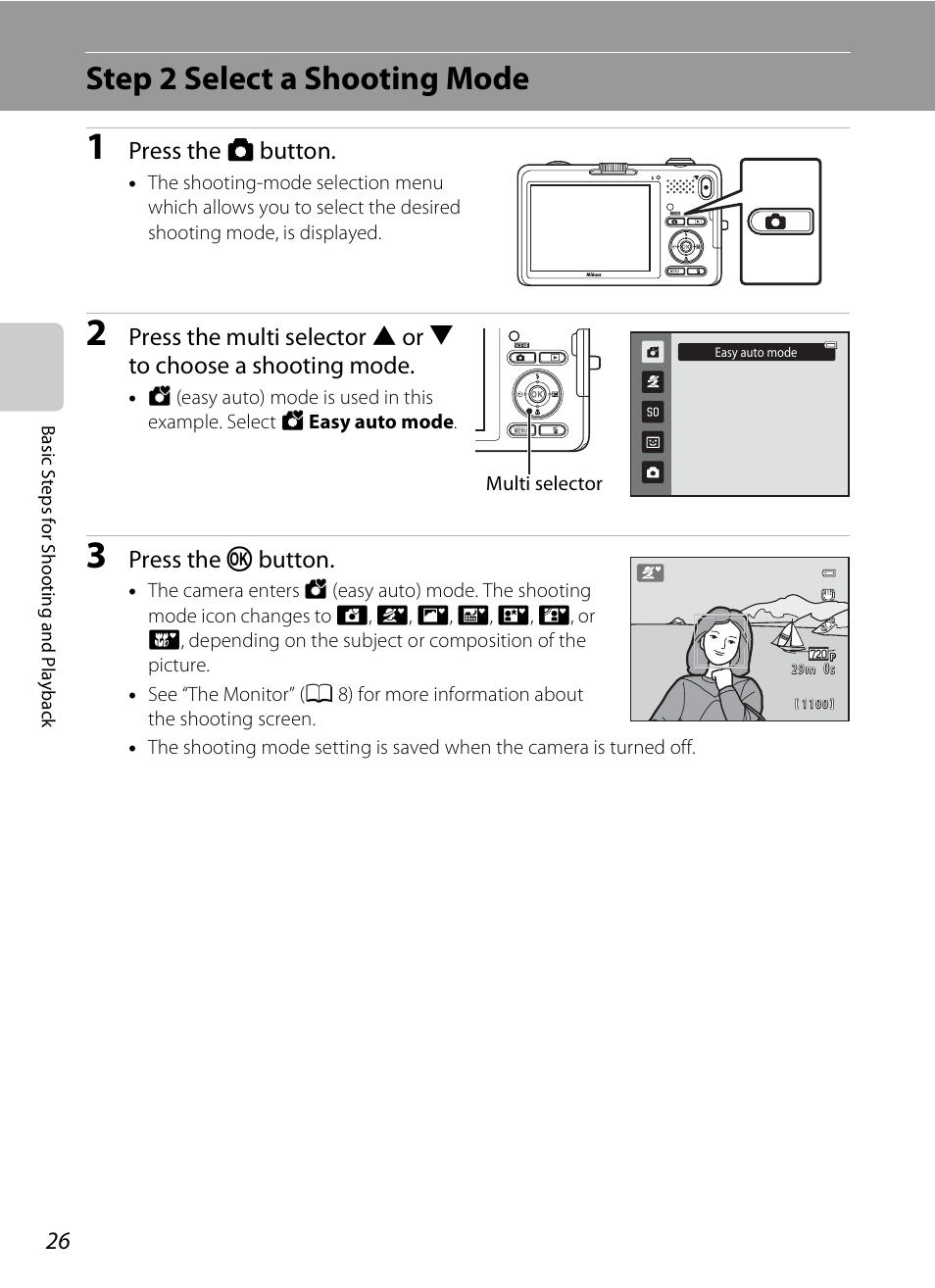 Step 2 select a shooting mode, A 26), Press the a button | Press the k button | Nikon S1200PJ User Manual | Page 44 / 228