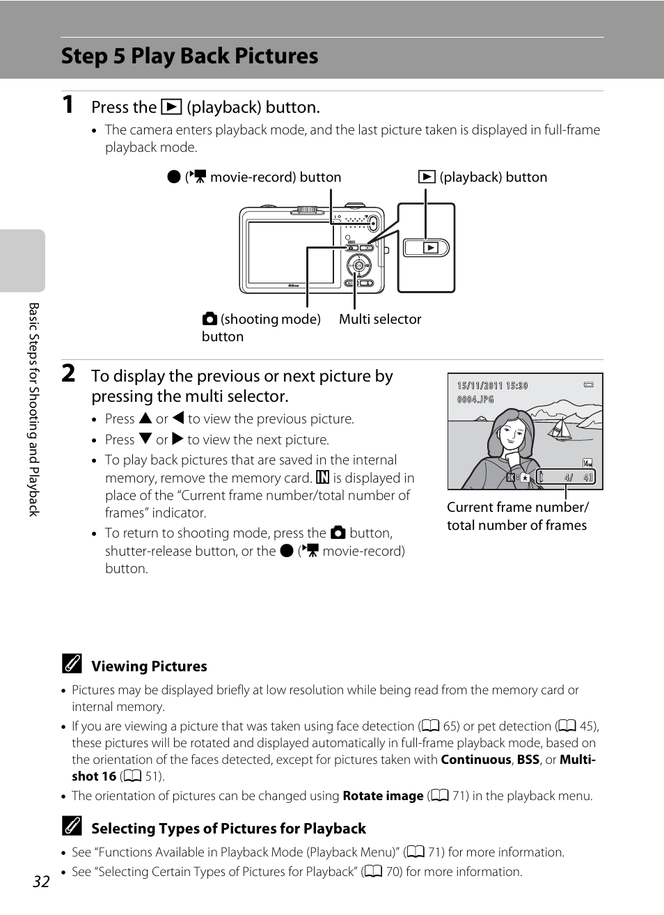 Step 5 play back pictures, Press the c (playback) button | Nikon S1200PJ User Manual | Page 50 / 228