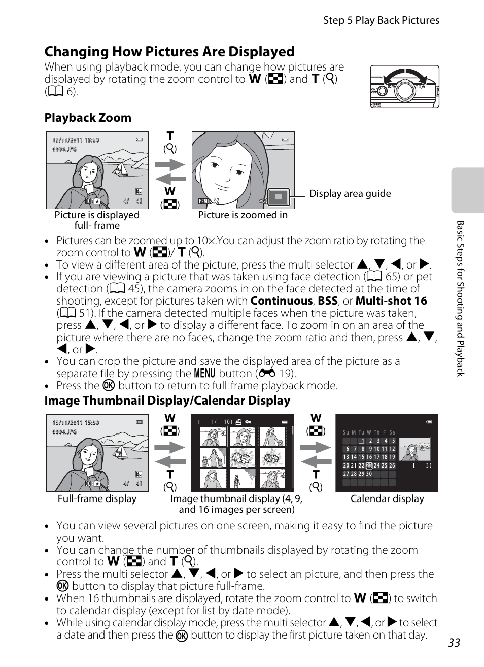 Changing how pictures are displayed, A 33, Playback zoom | Image thumbnail display/calendar display, Step 5 play back pictures | Nikon S1200PJ User Manual | Page 51 / 228