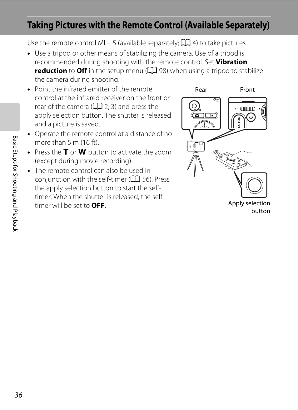 A 36), Taking pictures with the remote control (available, Separately) | Nikon S1200PJ User Manual | Page 54 / 228