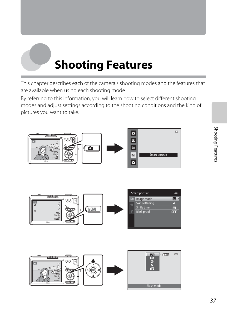 Shooting features, A 37) | Nikon S1200PJ User Manual | Page 55 / 228