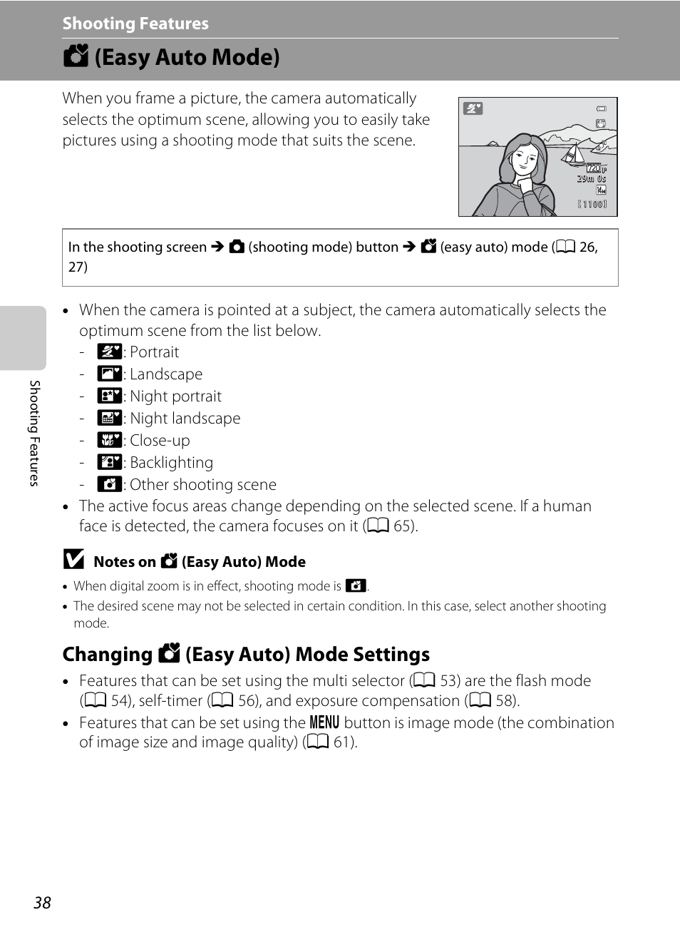 Easy auto mode, Changing easy auto mode settings, G (easy auto mode) | Changing g (easy auto) mode settings, A 38, Shooting features | Nikon S1200PJ User Manual | Page 56 / 228