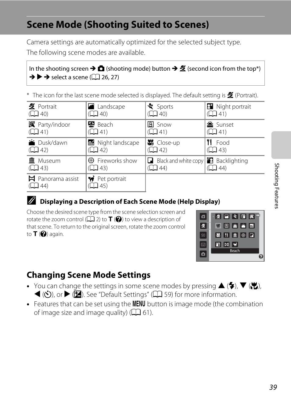 Scene mode (shooting suited to scenes), Changing scene mode settings, A 39 | Nikon S1200PJ User Manual | Page 57 / 228