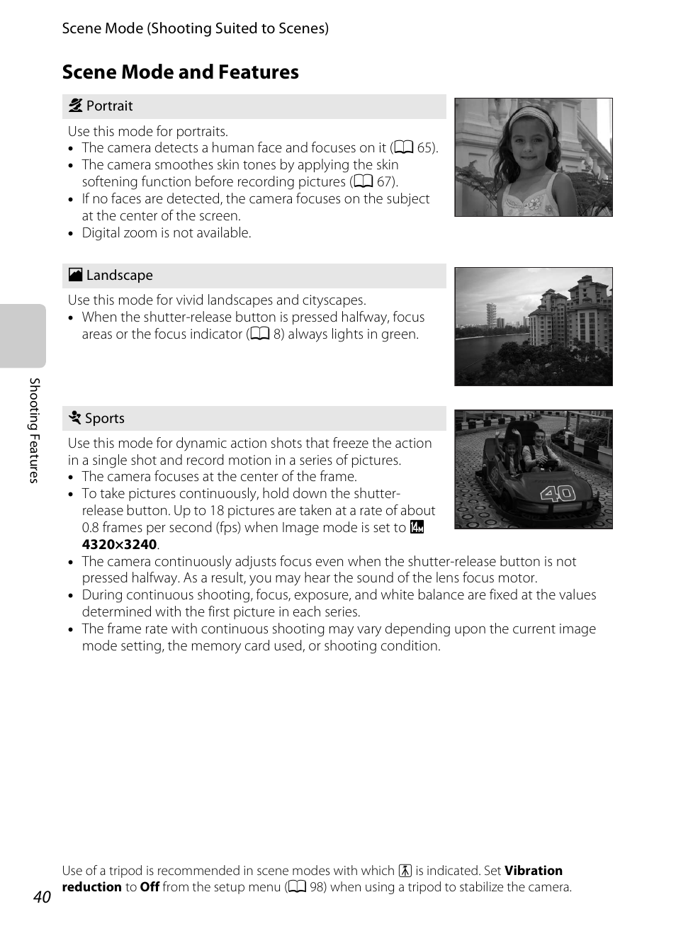 Scene mode and features, A 40) | Nikon S1200PJ User Manual | Page 58 / 228