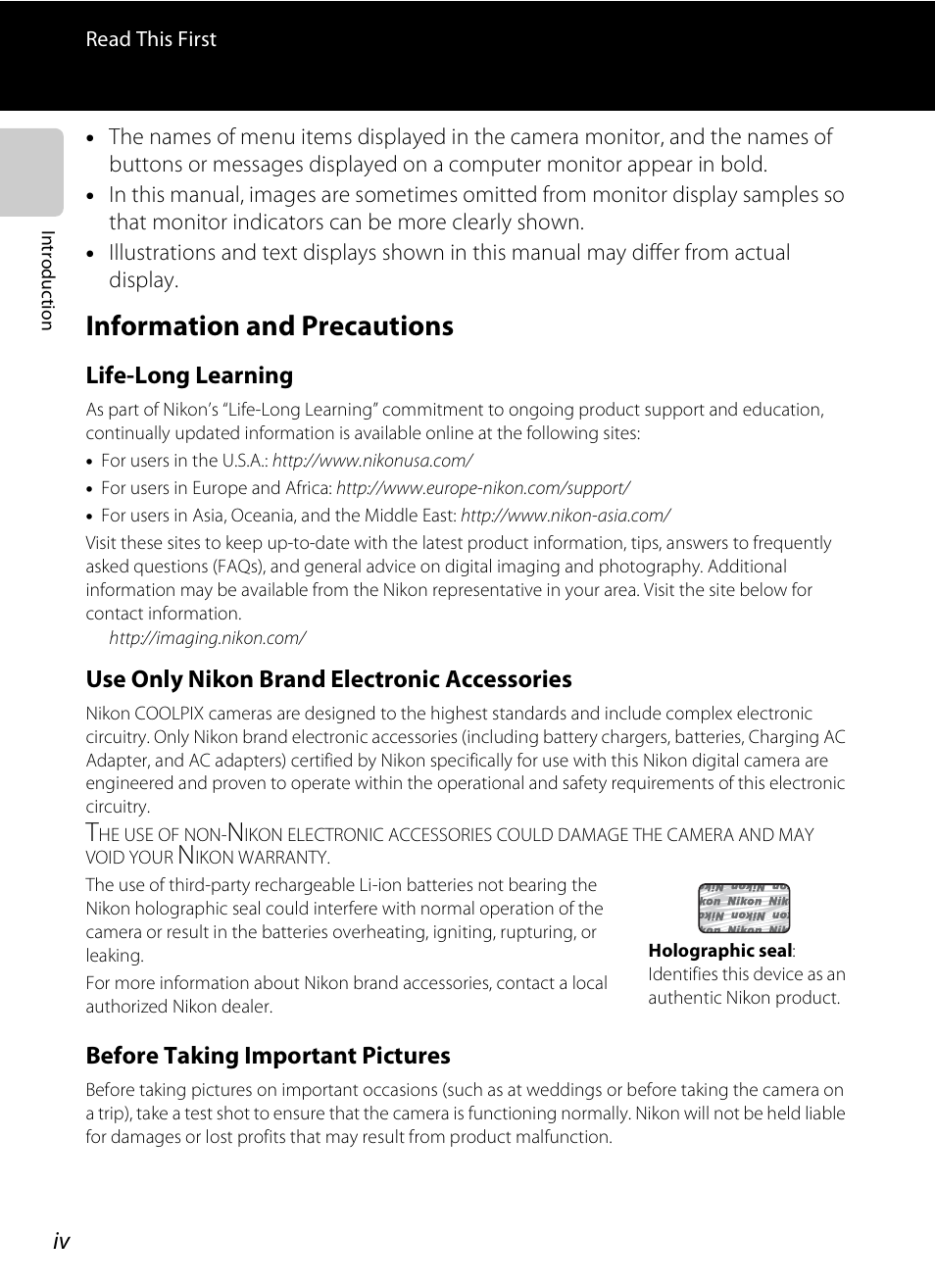 Information and precautions | Nikon S1200PJ User Manual | Page 6 / 228
