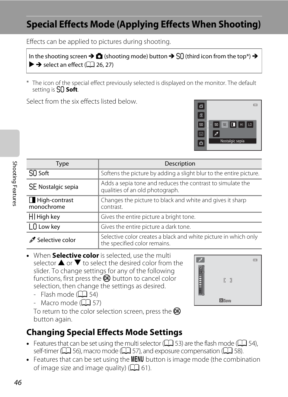 Changing special effects mode settings, A 46 | Nikon S1200PJ User Manual | Page 64 / 228