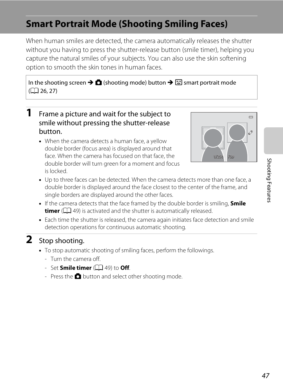 Smart portrait mode (shooting smiling faces), A 47, Stop shooting | Nikon S1200PJ User Manual | Page 65 / 228